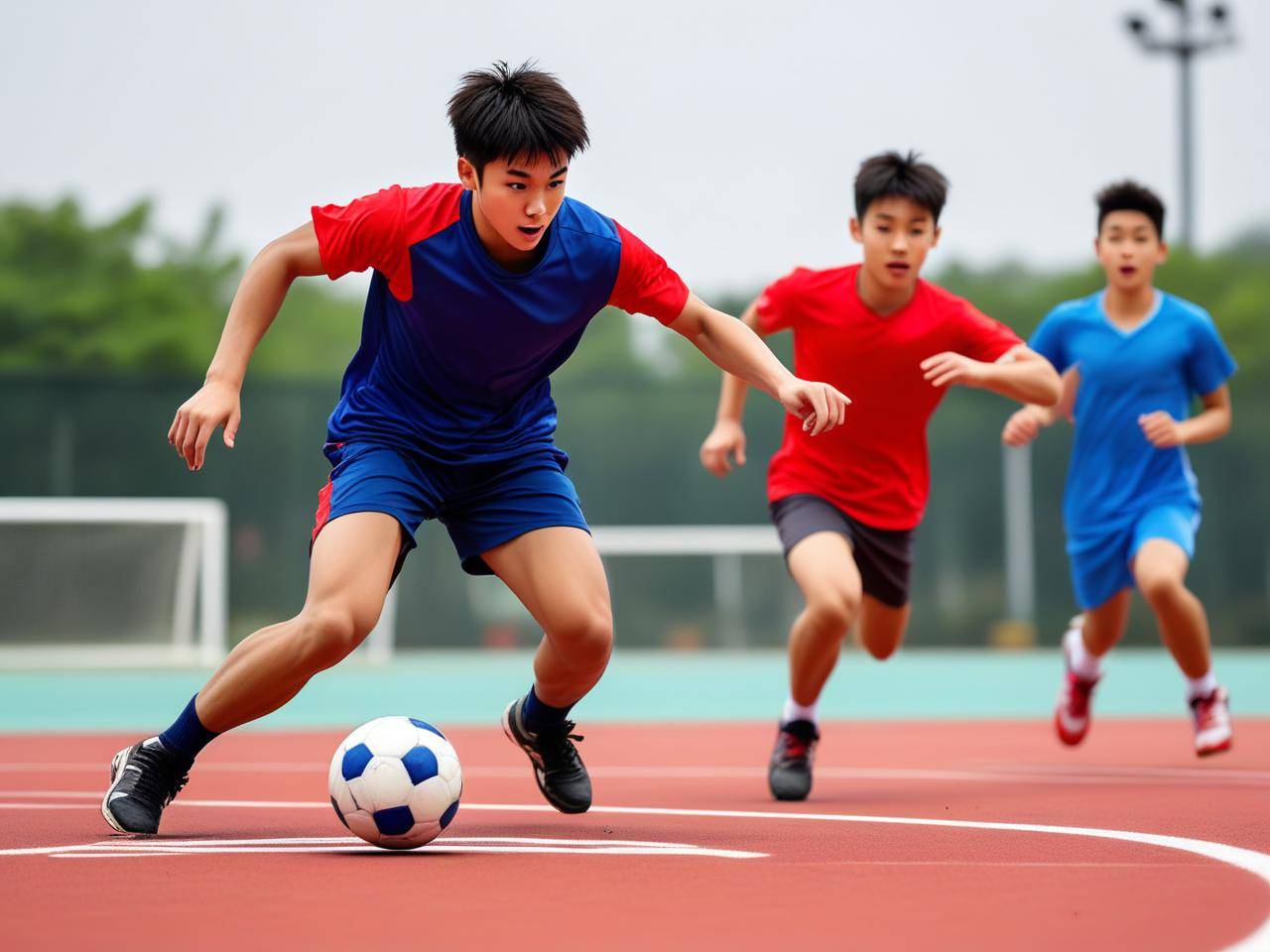 足球场上球员表现出强烈的竞争意识，奋力拼搏